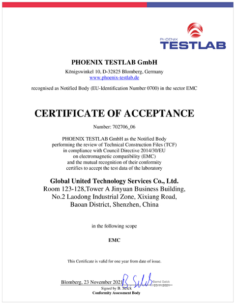 Çin Global United Technology Services Co.,Ltd. Sertifikalar