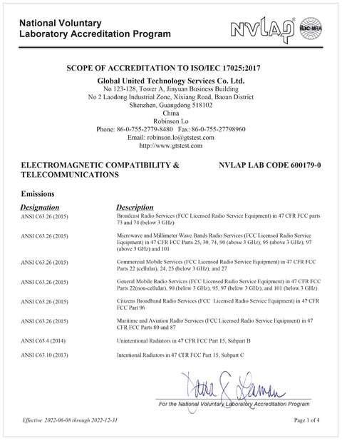 Çin Global United Technology Services Co.,Ltd. Sertifikalar
